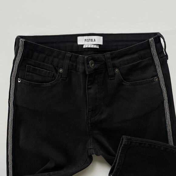 Pistola Mid Rise Skinny Jean Jet Black Metal Detailing Tuxedo Stripe Size 27 - Picture 3 of 9